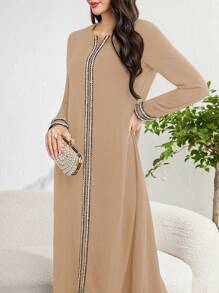 Al Najma Women's Casual Arabic Style Patchwork Ribbons Long Sleeve Dress,Modest - Khaki - View 3