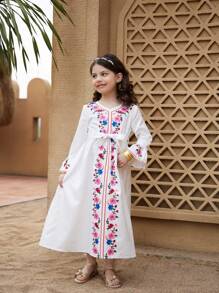 SHEIN V-Neck Floral Print Flared Sleeve Dress For Young Girls - White - View 1