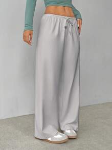 SHEIN PETITE Quần dài dệt kim mềm mại màu trắng, quần rộng - Màu Xám nhạt - Xem 5