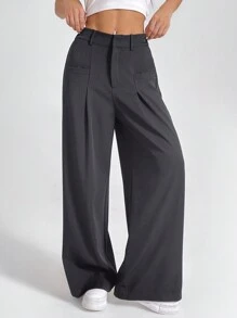 SHEIN PETITE Ladies' Solid Color Pleated Trousers