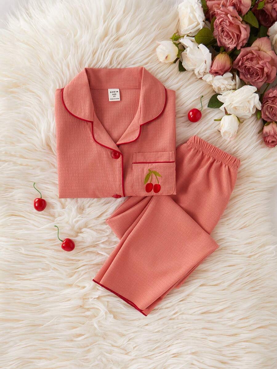 Young Girls Minimalist Cute Cherry Embroidered Burgundy Loose 2pcs Set Pajamas, Long Pants & Long Sleeve - Orange - View 1