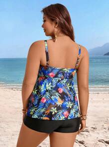 Swim Lushoire Summer Plus Size Adjustable Strap Random Tropical Print 2Pcs Tankini, Modest And Stylish - Multicolor - View 2