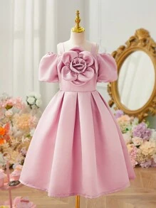 Tween Girl Sleeveless 3D Flower Princess Dress, Elegant For Party And Event - Mauve Purple - View 1