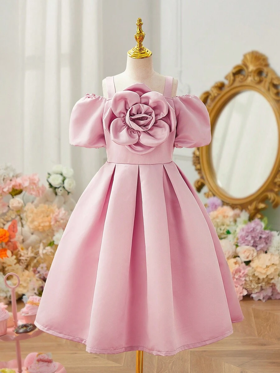 Tween Girl Sleeveless 3D Flower Princess Dress, Elegant For Party And Event - Mauve Purple - View 1