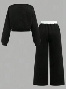 SHEIN 2 peças/conjunto adolescentes meninas moletom gráfico solto e calças de perna larga com bloqueio de cores terno casual