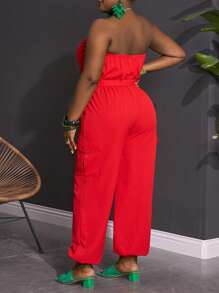 Slaydiva 大码女式休闲纯色连体裤，配有口袋、抽绳腰部和抹胸上衣