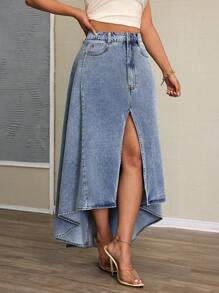 SHEIN SXY 女士休闲牛仔裙，简约时尚街头服饰 - 藍色 - 查看 6