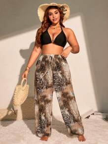 Swim Lushoire Plus Size Holiday Beac Animal Print Coverup Top And Long Pants Set