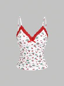 Sweetra 女士新品春夏甜美性感家居服日常乡村针织纹理草莓印花蕾丝蝴蝶结 V 领褶皱吊带背心 - 彩色 - 查看 1