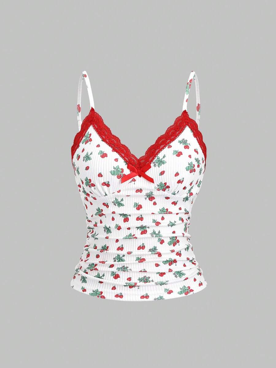 Sweetra 女士新品春夏甜美性感家居服日常乡村针织纹理草莓印花蕾丝蝴蝶结 V 领褶皱吊带背心 - 彩色 - 查看 1