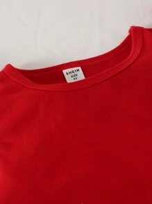 SHEIN 2pcs/Set Young Girl Lush Round Neck Cap Sleeve Cropped Bow Top And High Waist Glitter Heart Tulle Skirt, Valentine's Day Clothes Outfit - Red - View 3