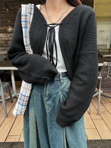 FRIFUL Women's Black Cropped Cardigan With Tie, Spring,Fall Clothes