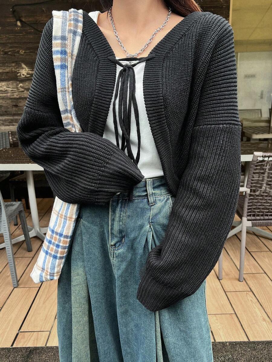 FRIFUL Women's Black Cropped Cardigan With Tie, Spring,Fall Clothes