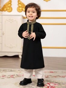 Baby Boys 2pcs Black Long Sleeve Top With Ribbon Decor And Long Pants Set - Multicolor - View 3