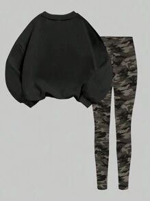 2pcs/Set Teen Girls Casual LA Hand Gesture & Camouflage Print Fleece Lined Crew Neck Sweatshirt And Leggings Set