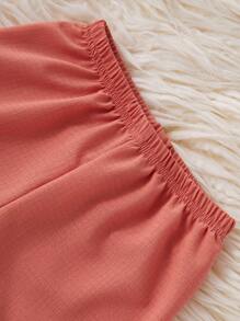 Young Girls Minimalist Cute Cherry Embroidered Burgundy Loose 2pcs Set Pajamas, Long Pants & Long Sleeve - Orange - View 6