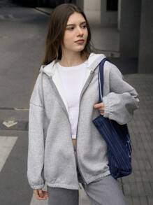 Jouncy 女士休闲纯色抽绳连帽羊毛运动衫，秋冬 - 灰色 - 查看 4