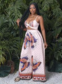 Slaydiva 度假吊带、超剪裁上衣、宽腿超长裤、全身蝴蝶印花女士两件套-C - 紫色 - 查看 5