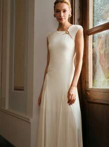 Anewsta Elaire 女士圆领无袖金属纽扣高弹力针织长裙老款 - 杏色 - 查看 3