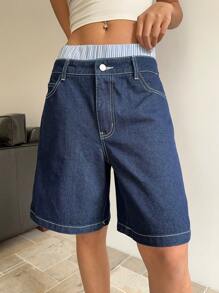 SHEIN EZwear 女式牛仔短裤，休闲修身腰带拼接设计，蓝色，圣帕特里克节
