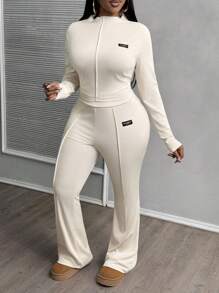 Slaydiva Casual & Basic & Sporty & Daily 2 Pieces Set: Fitted Solid Color Long Sleeve Crop Top With Flared Pants, Textured Ribbed Fabric, Plus Size Women - Apricot - View 7