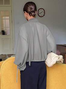 DAZY Solid Color Loose Long Sleeve Tied Chiffon Blouse, Women Spring/Summer Holiday Shirt,Fall Clothes