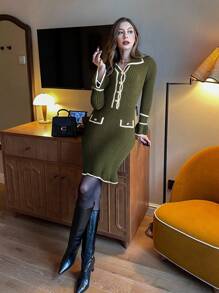 SHEIN Unity 优雅女士前扣喇叭袖毛衣连衣裙 - 軍綠色 - 查看 3