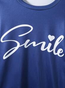 2 件青少年女孩字母印花长袖上衣和格子紧身裤家居服套装，紧身合身 - 寶藍色 - 查看 4