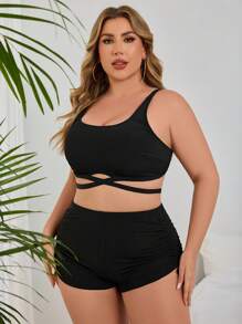 SHEIN Swim Curve Plus Size Women 2pcs Ribbed Texture Solid Color Drawstring Waist Bikini Set, Summer