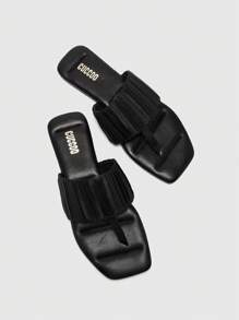 CUCCOO BIZCHIC Women Square Toe Scrunched Slip-On Flat Sandals - Black - View 8