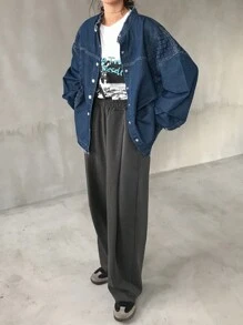 FRIFUL 女士宽松牛仔拼接衬衫，藏蓝色，春季牛仔外套，秋季女装长袖