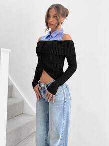 SHEIN Essnce Women's Autumn Striped Patchwork Open Shoulder Long Sleeve Fitted Top - Black - View 5