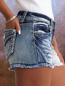 Women's Fashionable Ripped Skinny Denim Shorts - Blue - View 5