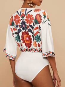 Travachic Woven Printed V-Neck 3/4 Women's Bodysuit - White - View 2