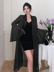 DAZY Áo sơ mi nữ dài vừa phải, tay bèo nhún trơn, thanh lịch, quần áo nữ mùa thu, áo dài tay - màu đen - Xem 9