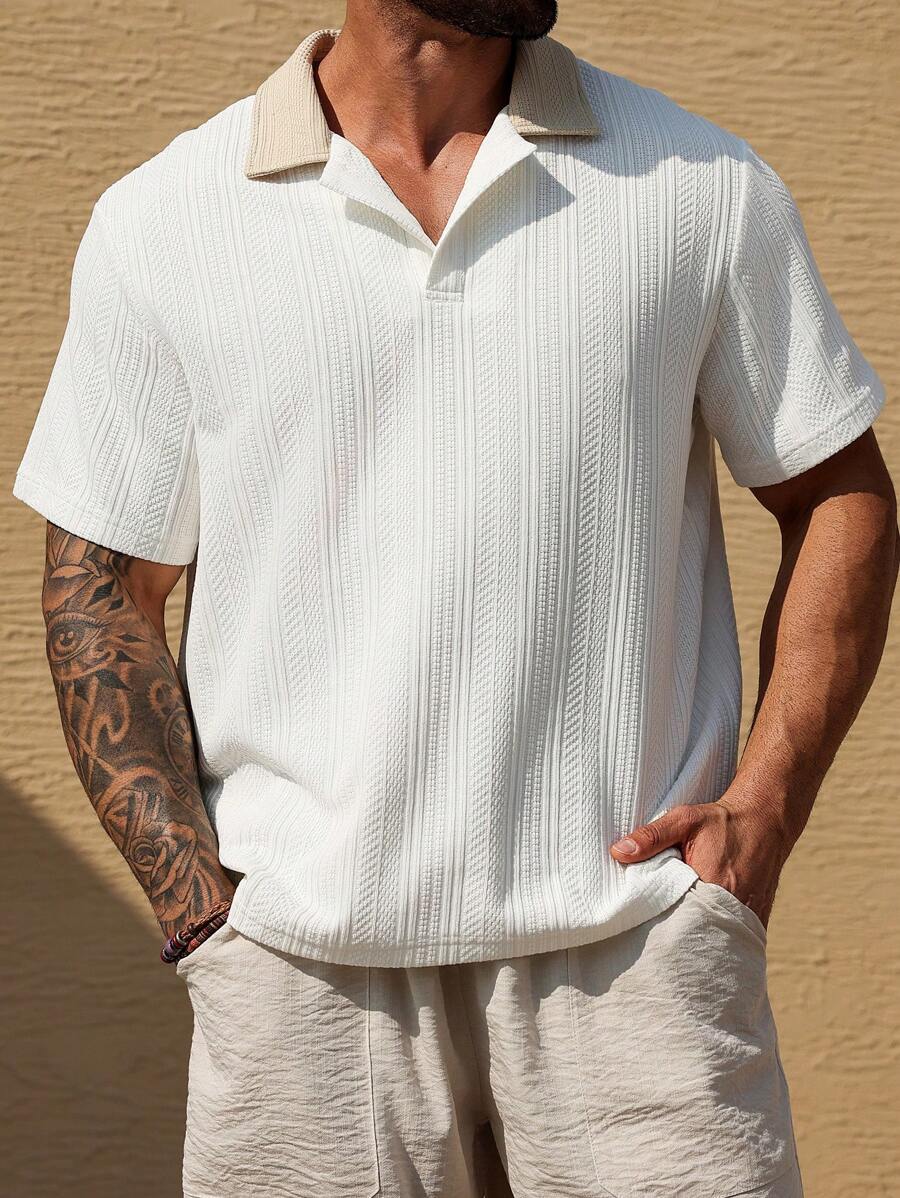 Manfinity Homme Plus Size Men's Contrast Color Short Sleeve Casual/Business Polo Shirt - White - View 1