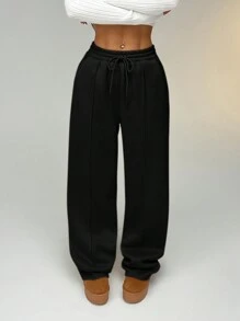 SHEIN Tall CURVE Plus Size Solid Color Front Tie Simple Thermal Lined Sports Casual Pants - Black - View 3