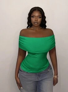 Slaydiva New Green Foldover Off Shoulder Fitted Blouse Top, Summer - Green - View 5