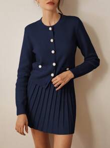 Aveloria Rosie 奢华时尚高端口袋开衫和高腰褶皱迷你裙两件套 - 藏蓝色 - 查看 3