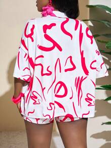 Slaydiva Leisure Holiday Beach 3pcs Pink Graffiti Print Top & Shorts & Short Sleeve Shirt Set - Hot Pink - View 2