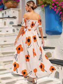 Vivid Eden Valentine's Day Holiday Out Dating, Shopping, Go To School, Work Women's Dress, Women's Off-The-Shoulder High Slit Big Bottom Print Dress, Romantic Holiday Style - Multicolor - View 3