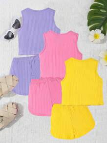 SHEIN 6件套年轻女孩百搭罗纹心形、字母、相机和花卉印花背心+休闲短裤套装，夏季