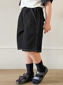 DAZY 年轻男孩松紧腰口袋简约休闲牛仔短裤 - 黑色 - 查看 3