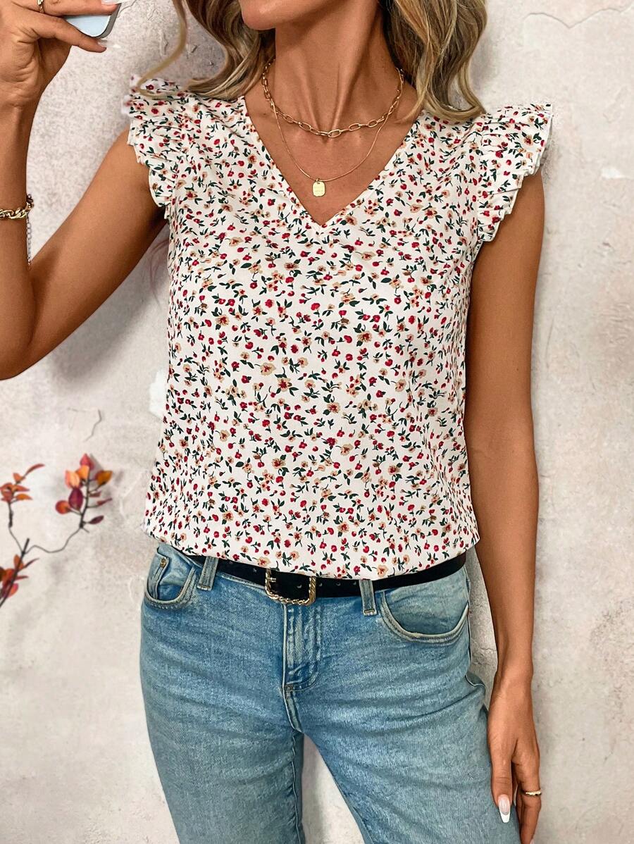 SHEIN Clasi V-Neck Tiny Ditsy Floral Cap Sleeve Casual Shirt, Modern & Chic For Everyday Wear - Apricot - View 1