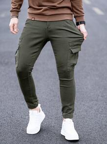 Manfinity Homme Men's Cargo Pocket Denim Skinny Fit Jogger Pants - Dark Green - View 4