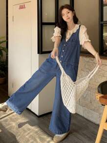FRIFUL Quần yếm denim & quần liền thân cho nữ, ống đứng, màu xanh đã giặt, mùa xuân - Rửa trung bình - Xem 6