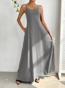 SHEIN Essnce 休闲简约纯色露背细肩带连衣裙 - 淺灰色 - 查看 3