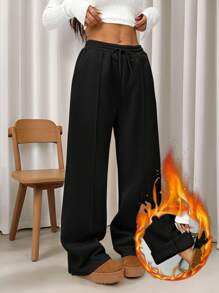 SHEIN Tall CURVE Plus Size Solid Color Front Tie Simple Thermal Lined Sports Casual Pants - Black - View 7