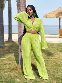 Slaydiva Spring/Summer New Women's Elegant Pleated Flare Sleeve Top And Pants Set, Versatile For Party, Banquet, Casual, Vacation, Cruise Travel, Beach, Sundress