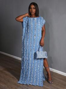 Slaydiva Sukienka dżinsowa damska z podartymi rękawami, swobodna i modna do codziennego noszenia - Niebieski - Zobacz 6